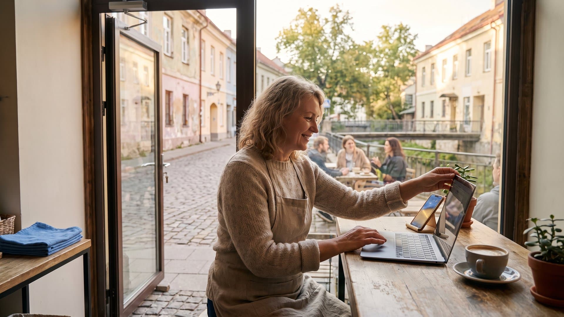 Kavinės savininkė nustato nešiojamąjį kompiuterį, ant prekystalio sužimba telefonas