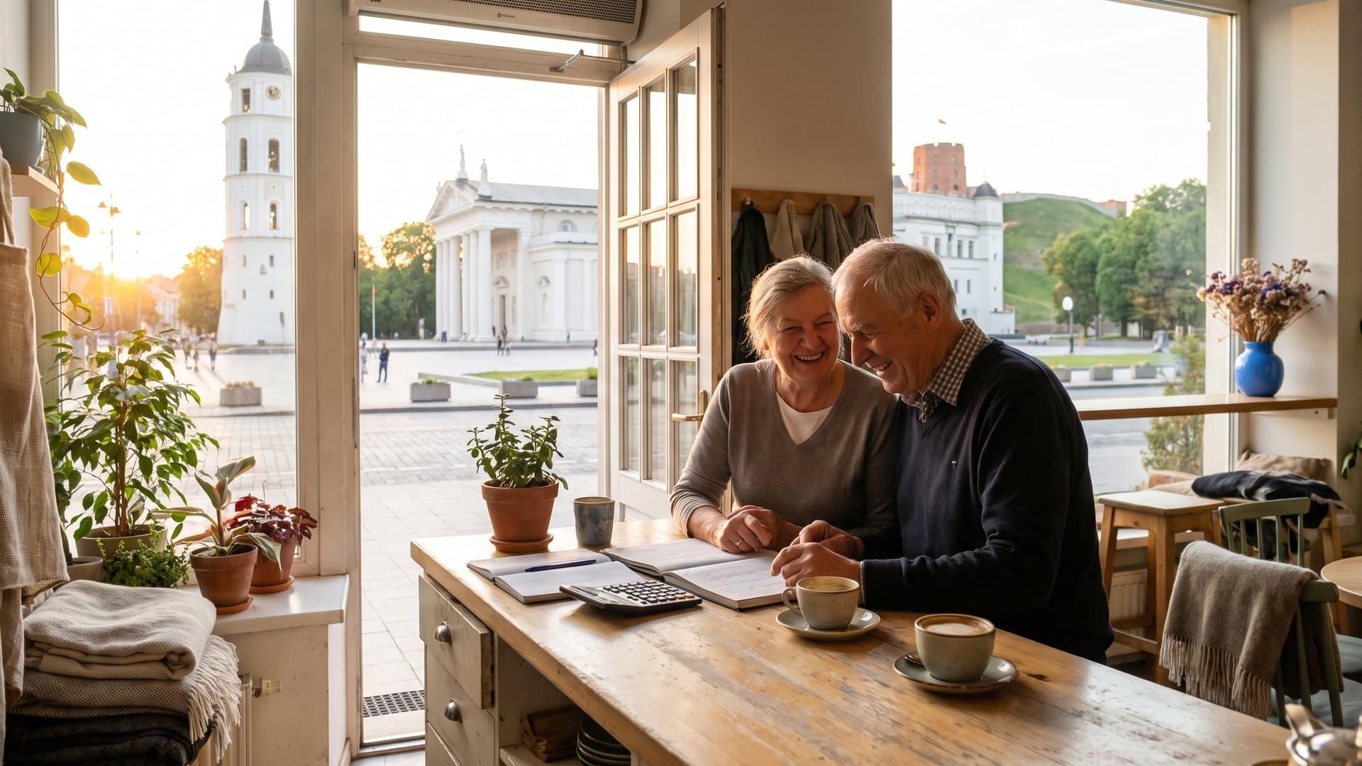 Kavinės savininkė su vyru skaičiuoja prie prekystalio