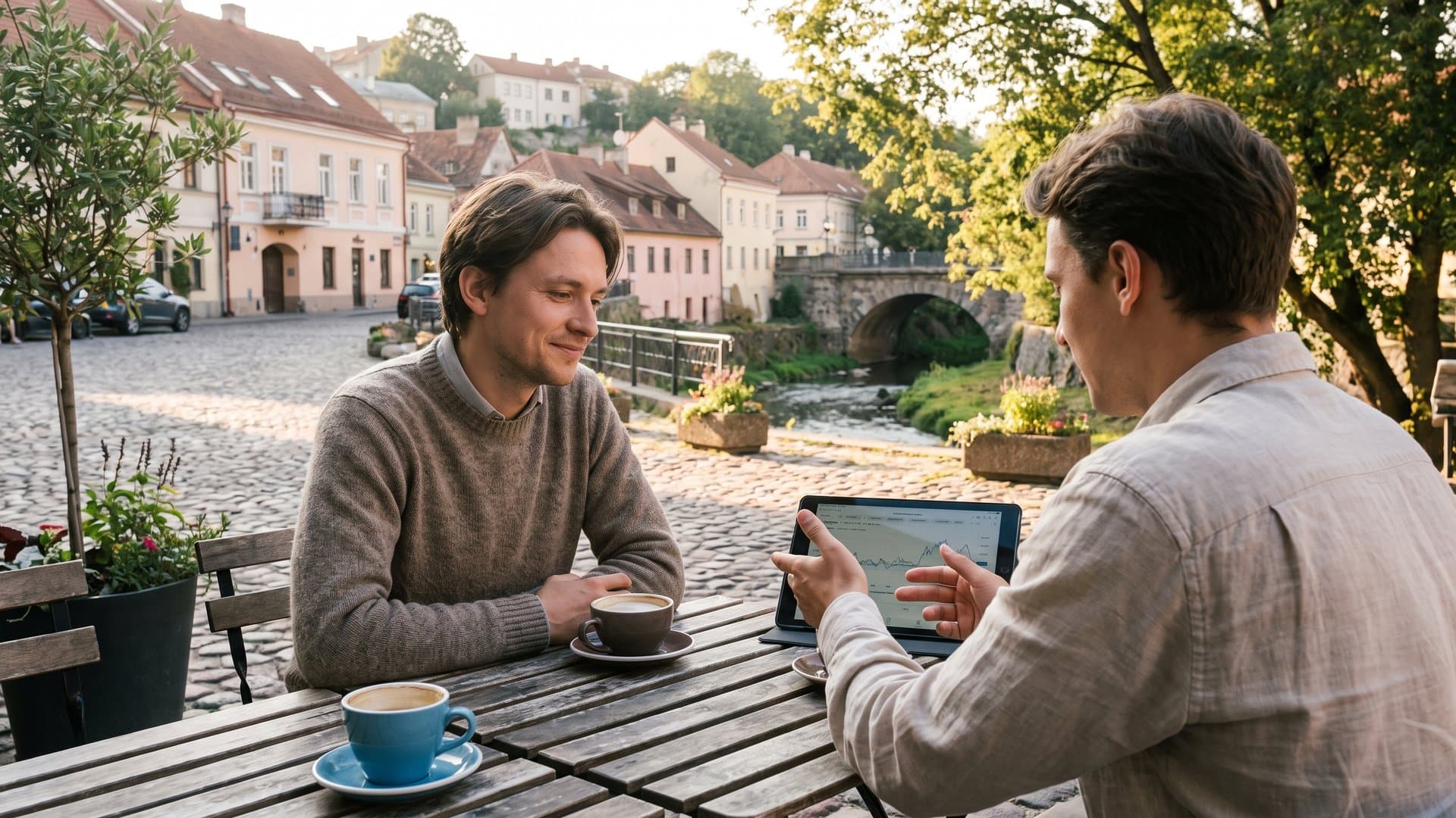 Verslininkė planšetėje lygina du variantus lauko kavinėje