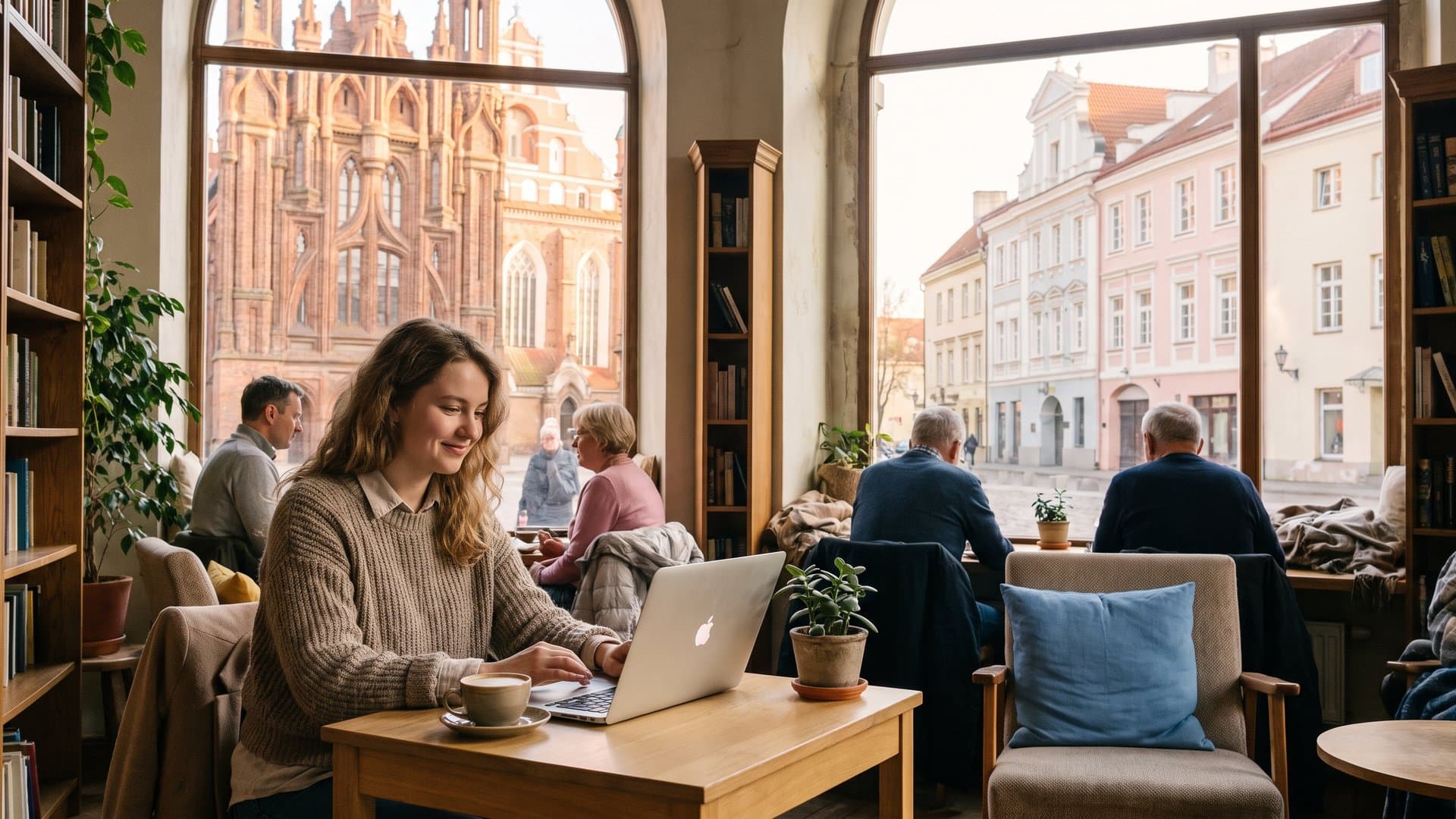 Jauna moteris skaito vadovą kompiuteryje istorinėje bibliotekos salėje